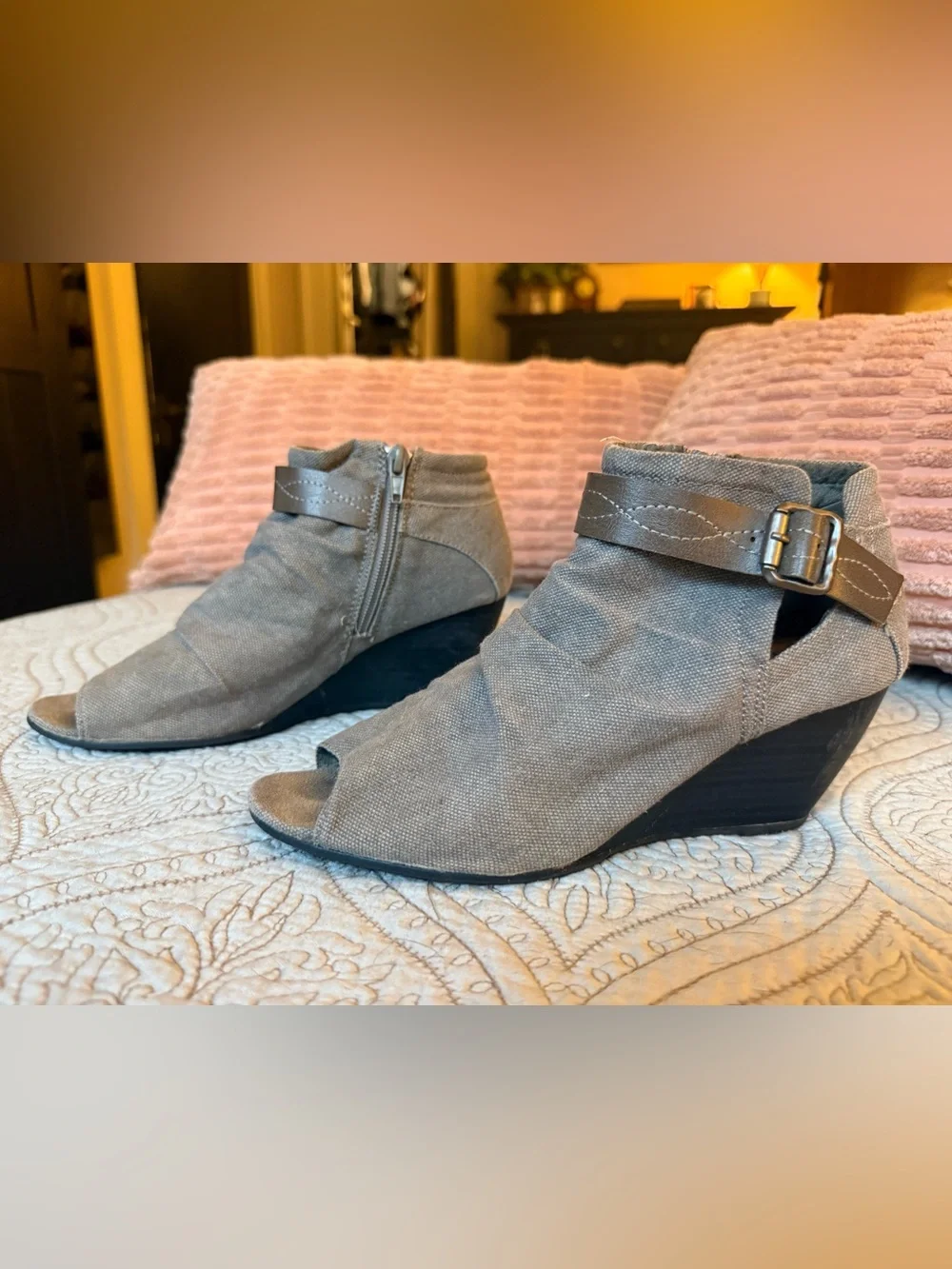Open-Toe Gray Canvas Wedge Booties with Ankle Strap